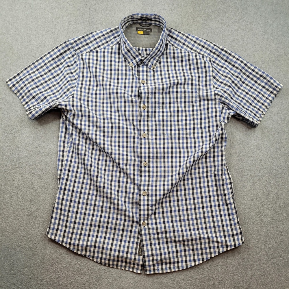Eddie Bauer Travex Shirt Mens Large Blue‎ Gingham Plaid Short Sleeve Classic